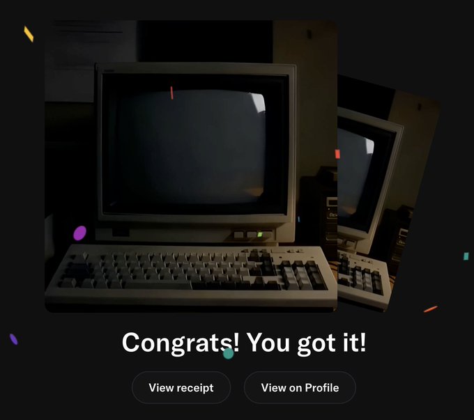 A vintage computer setup with an old monitor and keyboard is displayed alongside confetti graphics, with the text 'Congrats! You got it!' and buttons for 'View receipt' and 'View on Profile'.