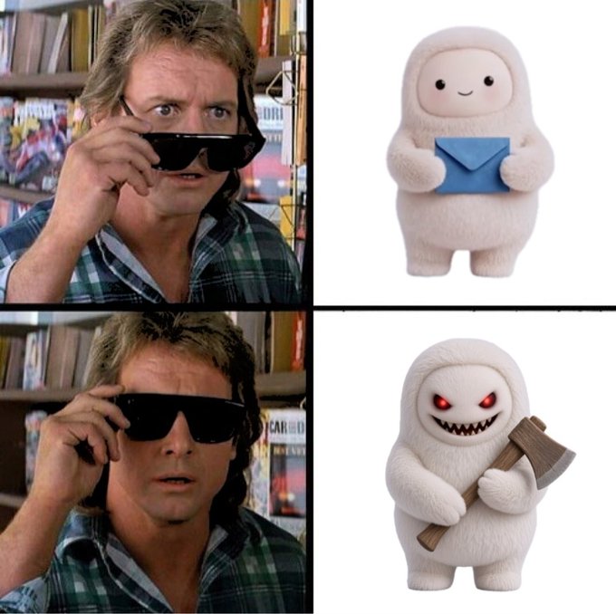 The image shows a meme comparing a man (appearing to be from "They Live") putting on sunglasses, revealing a friendly character holding an envelope versus a menacing one holding an axe, humorously representing how some emails appear innocent but turn out to be malicious—matching the "Accurate" caption about deceptive-looking communications.