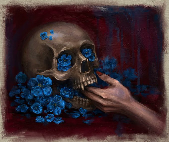 A painting depicting a skull decorated with blue flowers, with a hand with red nail polish touching its teeth, set against a deep red background.