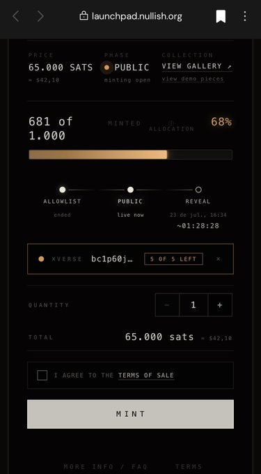 A mobile screenshot from launchpad.nullish.org shows an NFT minting page priced at 65,000 SATS ($42.10), with 681 of 1,000 minted (68% complete), currently in the "PUBLIC live now" phase. The XVERSE wallet has "5 OF 5 LEFT" indicating limited availability, aligning with the post's call to mint rare sats pieces celebrating the defeat of BIP-110 before they sell out.