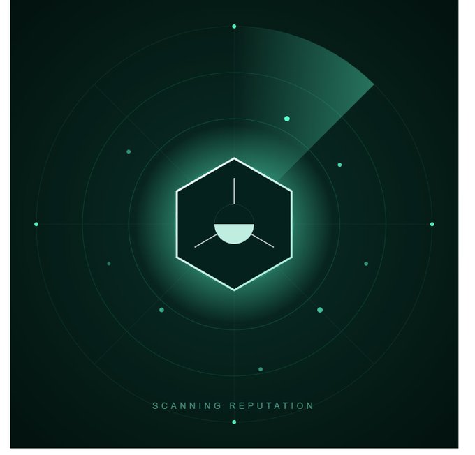 A dark green digital graphic displays a hexagonal radar interface with a scanning beam and the text "SCANNING REPUTATION" at the bottom.