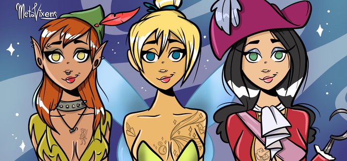 A stylized cartoon illustration by 'MetalVixens' featuring three anime-style female characters with elf ears against a starry blue background, including one with orange hair, one blonde with a crown, and one in a pirate hat.