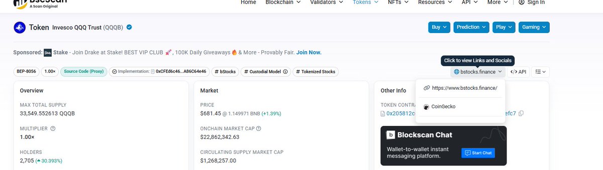 A BscScan token page for "Invesco QQQ Trust (QQQB)" is shown, displaying a current price of $681.45 and market cap of $22,862,342.63, with a dropdown menu highlighting "bstocks.finance" as a quick link. This visually supports the post's claim that BscScan conveniently provides external links like bstocks.finance for accessing tokenized stock tickers directly from Binance.