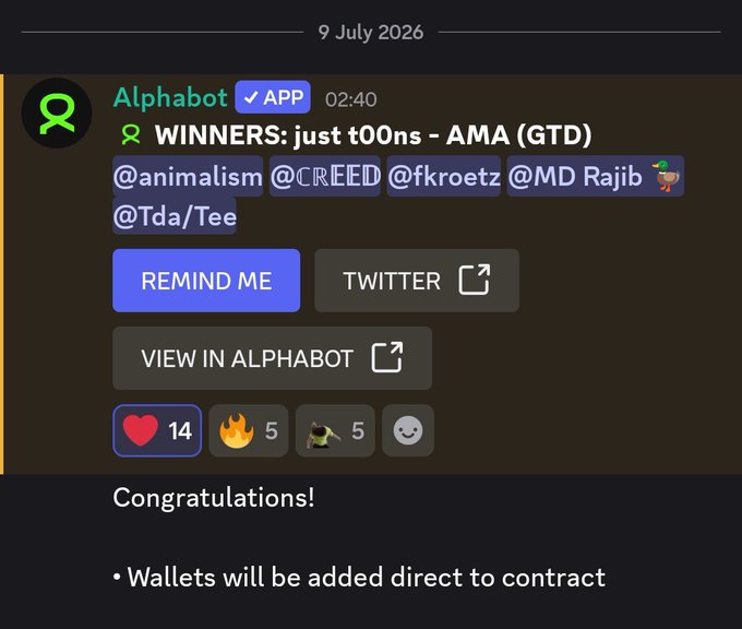 A screenshot of a Telegram post from Alphabot dated 9 July 2026 announces winners of a 'just t00ns - AMA (GTD)' giveaway, listing usernames @animalism, @CREED, @fkroetz, @MD Rajib, and @Tda/Tee.
