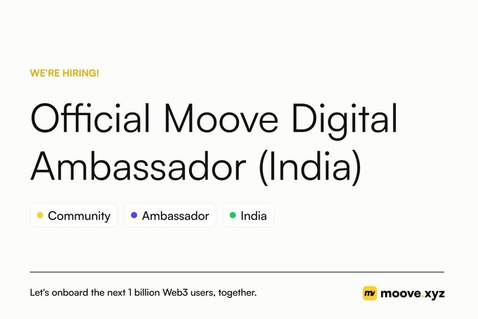 A job posting titled 'Official Moove Digital Ambassador (India)' tagged with Community, Ambassador, and India, from Moove XYZ with the tagline 'Let's onboard the next 1 billion Web3 users, together.'