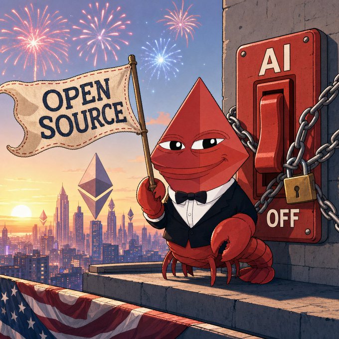 A cartoon red Ethereum (ETH) mascot in a tuxedo holds an "OPEN SOURCE" flag beside a giant "AI/OFF" switch secured with chains and a padlock, set against a city skyline and American flag as fireworks burst overhead. The image visually echoes the post's message: a centralized AI that can be flipped off at any moment, contrasted with the freedom of self-custodied crypto and open-source principles.