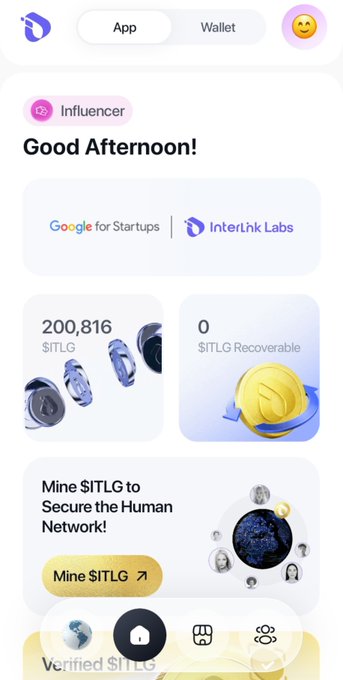 A mobile app interface displays a dashboard with a greeting "Good Afternoon!" and shows a balance of 200,816 $ITLG alongside a $0 recoverable balance, with an InterLink Labs and Google for Startups banner, illustrating the user's celebration of having mined over 200,000 $ITLG tokens through the platform.