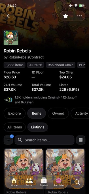 A mobile screenshot of the "Robin Rebels" NFT collection on Robinhood Chain shows a floor price of $28.63, 24H volume of $37.0K, and 229 (6.9%) items listed, with 1.3K holders. The poster's comment about selling low and having "a lot to sort" reflects on their NFT trading experience, though the current floor ($28.63) is notably higher than the $3 they mention.