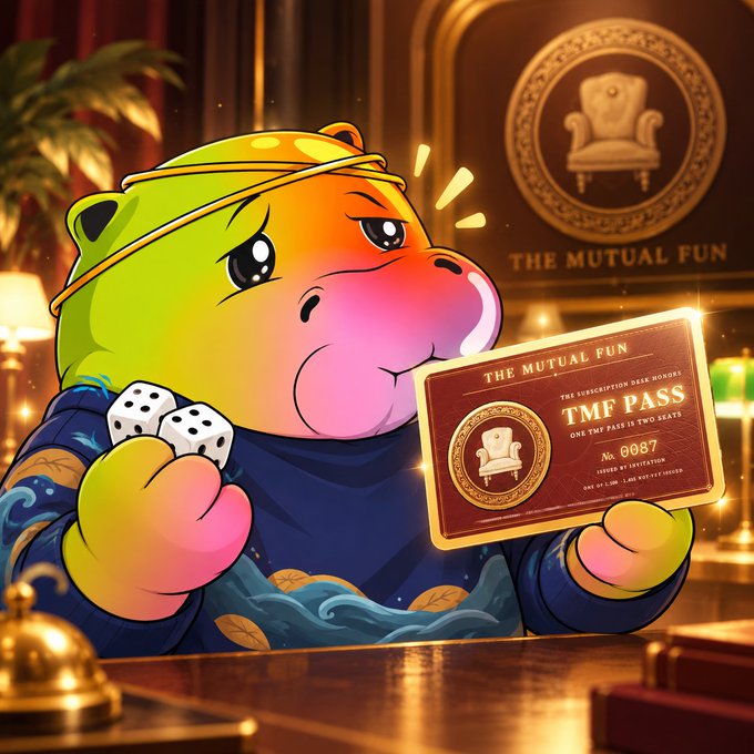A digital illustration shows a chubby cartoon hippo in a green hat holding dice and a card labeled 'THE MUTUAL FUN TMF PASS' with 'No. 0087' visible, set in a warmly lit room.