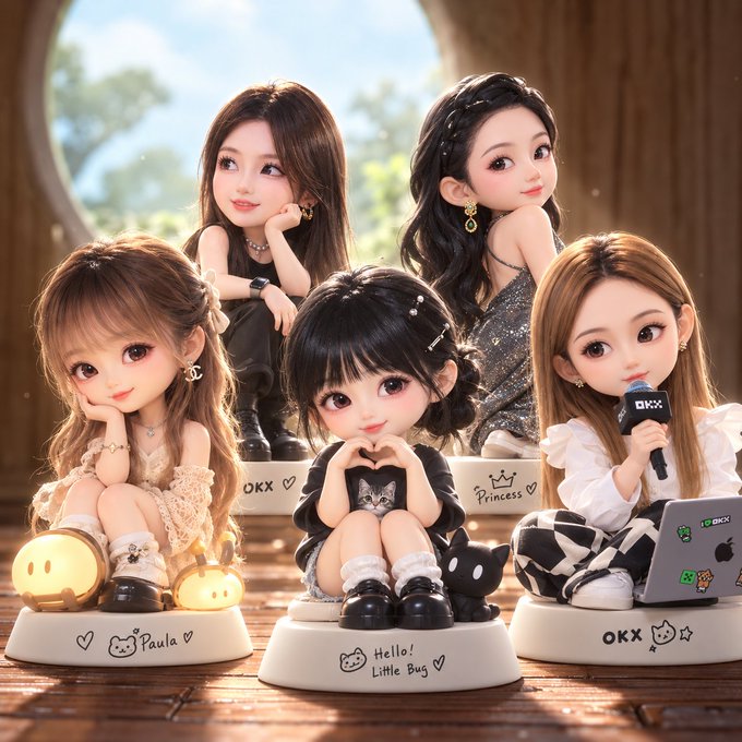 Five stylized chibi figurines with exaggerated large eyes and detailed outfits sit on individual labeled bases reading "Paula," "Hello! Little Bug," "Princess," and "OKX," representing OKX's Hong Kong-themed character collection. A laptop displaying the OKX logo and brand-themed accessories like a pumpkin lamp and cat plush accompany the figure group.