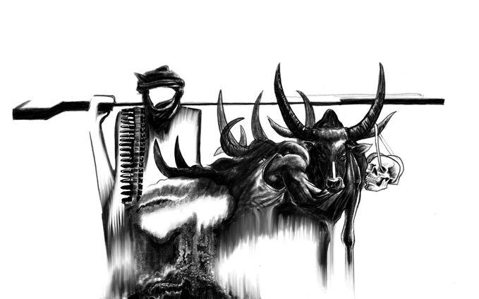 A black and white gritty illustration of a hooded figure carrying a rifle and accompanied by a horned creature holding a skull.