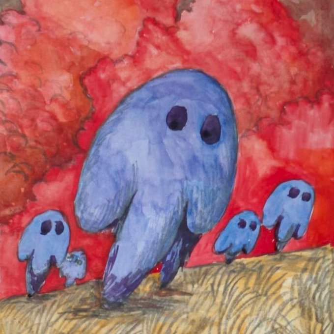 A watercolor painting depicts several blue, ghost-like creatures with large black eyes walking through a field against a dramatic, cloudy red sky.