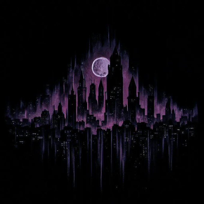 A dark, moody illustration of a city skyline at night with a full moon, rendered in purple and black tones with reflection effects below.
