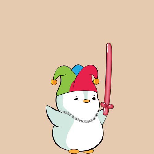 A cute cartoon illustration of a small white penguin-like character wearing a colorful jester hat and holding a red staff against a beige background.