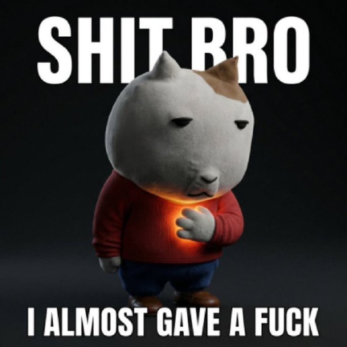 A 3D-rendered anthropomorphic cat character in a red sweater clutches its chest with a glowing orange light, appearing deeply unmoved, paired with bold white text reading "SHIT BRO" at the top and "I ALMOST GAVE A FUCK" at the bottom. The meme humorously conveys indifference toward the poster's accusations about the subject's alleged mismanagement and failure of a project, matching the post's dismissive tone telling the critic to "let it go."