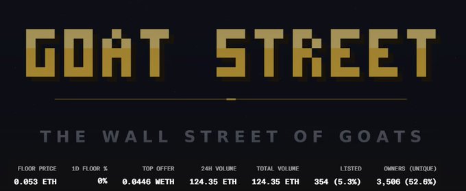 A webpage for 'GOAT STREET' displays the tagline 'THE WALL STREET OF GOATS' along with trading metrics including a floor price of 0.053 ETH, 24H volume of 124.35 ETH, 354 listed, and 3,506 unique owners.