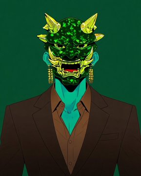 A figure wears an ornate green and gold dragon mask over a dark suit with a teal shirt, paired with the caption "Believe in somETHing.." — a visual play on the word "ETH," referencing the Ethereum cryptocurrency through the masked character's mysterious, financial sophistication.