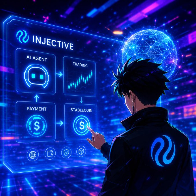 An anime-style illustration of a person in a black Injective-branded jacket interacting with a holographic interface displaying 'INJECTIVE', 'AI AGENT', 'TRADING', 'PAYMENT', and 'STABLECOIN' modules.