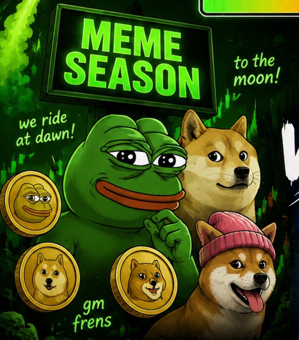 A 'MEME SEASON' meme featuring Pepe the Frog and Doge characters with text 'we ride at dawn!', 'to the moon!', and 'gm frens' alongside coin graphics.