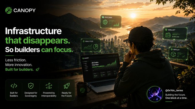 A promotional banner for 'CANOPY' reading 'Infrastructure that disappears. So builders can focus.' and 'Built for builders', featuring a person working on a laptop with floating interface elements like 'EXPLORER', 'ANALYTICS', 'WALLET', and 'DEPLOY'.