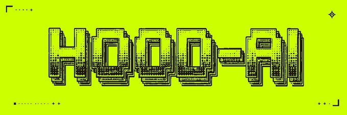 A bright green digital graphic displays "HOOD-AI" in pixelated, glitch-style lettering, serving as the bold visual branding for a Twitter giveaway hosted by @HoodAI0x, where four guaranteed spots are being raffled off in exchange for follows, likes, retweets, and an EVM address.