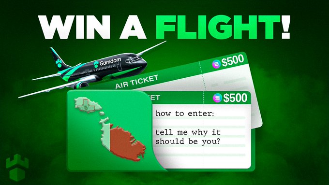 A promotional graphic announcing a "$500 flight ticket" giveaway from Gamdom, featuring an illustration of an airplane, stacked green air tickets, and entry instructions asking participants to explain why they should win.