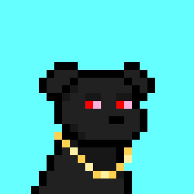 Pixel art style portrait of a black bear-like character with red eyes and a gold chain necklace against a turquoise background.