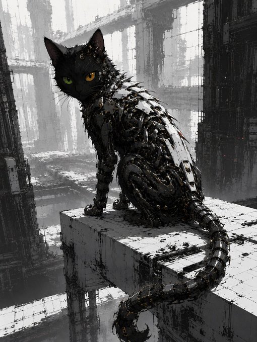 Digital artwork of a black cat with heterochromatic green and orange eyes, depicted in a cyberpunk/post-apocalyptic style with mechanical elements, sitting on a concrete ledge.