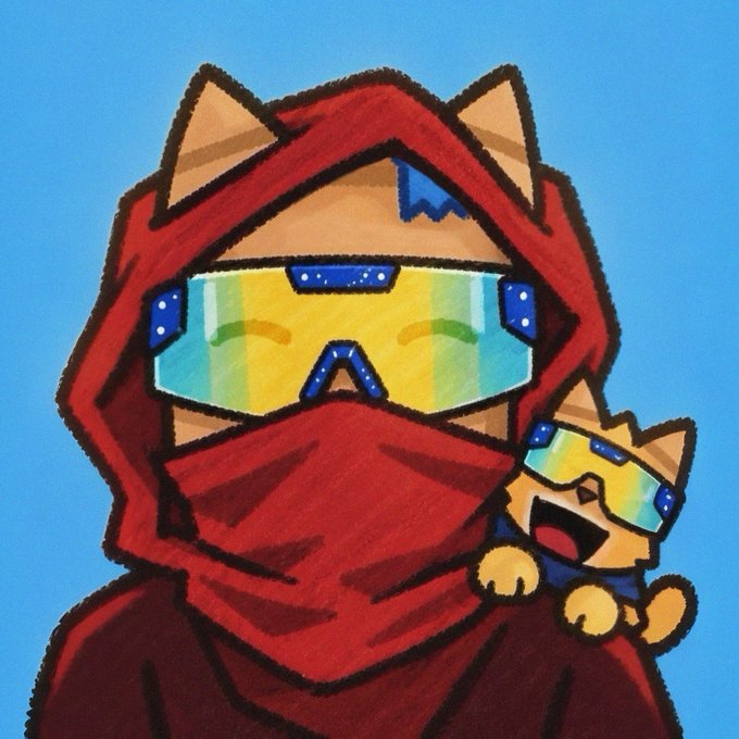 A cartoon illustration of a cat character in a red ninja hood wearing rainbow-reflective ski goggles, with a smaller cat peeking out from behind.