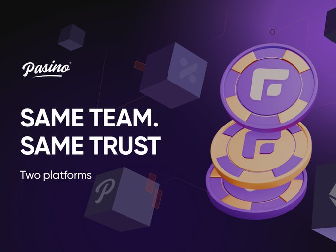 A promotional graphic for 'Pasino' reads 'SAME TEAM. SAME TRUST. Two platforms' beside a stack of purple and gold poker chips featuring a 'P' logo.