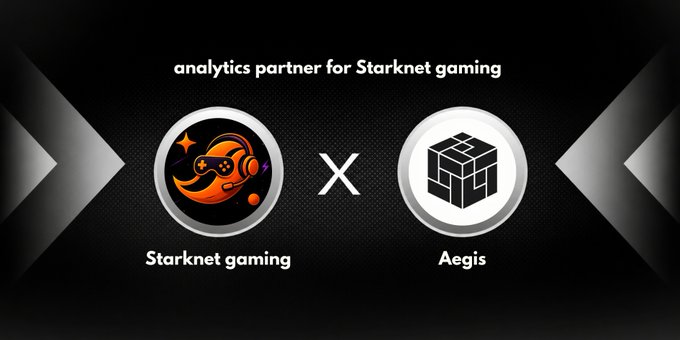 A promotional banner with a black background announcing an 'analytics partner for Starknet gaming' collaboration between 'Starknet gaming' (orange gaming icon) and 'Aegis' (white cube logo), separated by an 'X'.