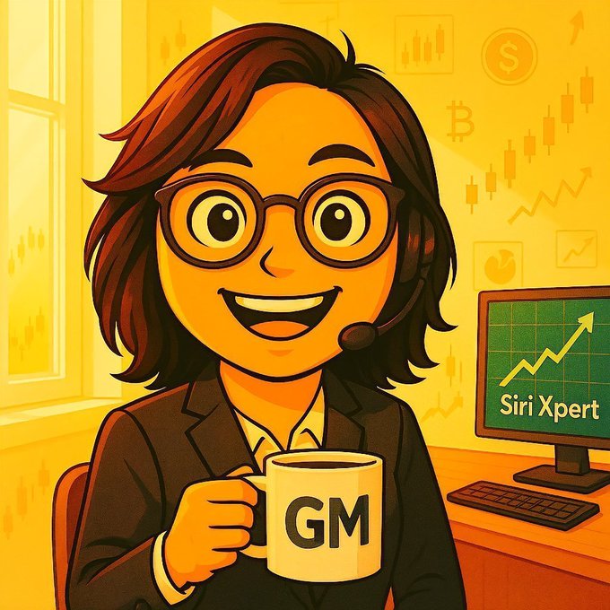 A cartoon-style illustration of a smiling woman with glasses and a headset, wearing a black blazer, holding a white mug labeled 'GM' in front of a computer monitor displaying a rising green chart and the text 'Siri Xpert'.