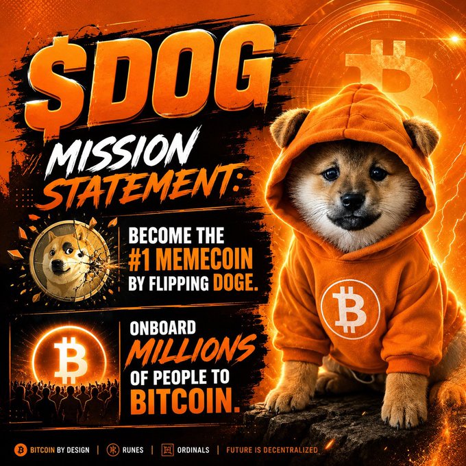 A promotional graphic for the $DOG memecoin featuring a Shiba Inu dog wearing an orange Bitcoin hoodie, with the mission statement: 'BECOME THE #1 MEMECOIN BY FLIPPING DOGE' and 'ONBOARD MILLIONS OF PEOPLE TO BITCOIN.'