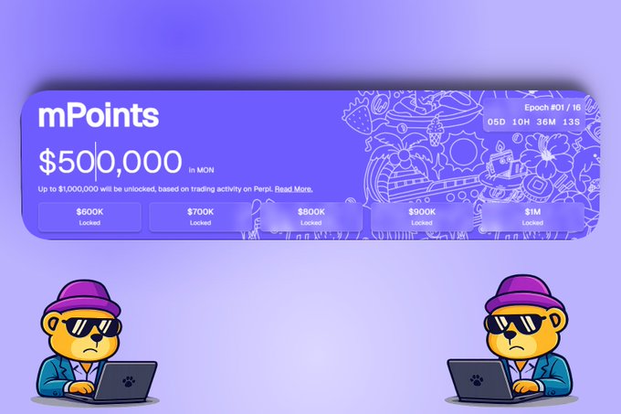 A purple promotional graphic for 'mPoints' displays '$500,000 in MON' with 'Epoch #01 / 16' and a countdown timer, showing locked tiers at $600K, $700K, $800K, $900K, and $1M, with two cartoon monkey characters in purple hats and sunglasses working on laptops at the bottom.