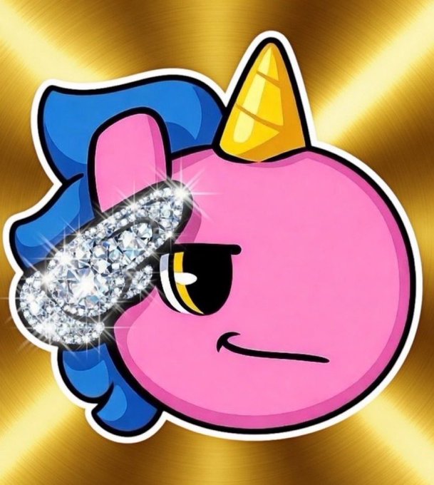 A cartoon pink unicorn head with a blue mane, golden horn, and a sparkling diamond "R" over its eye, set against a radiant golden background. The unicorn imagery evokes magic, value, and mystique, which aligns with the post's theme of building a special crypto community and "purity" while highlighting recent developments like the Robinhood chain and $ANSEM.