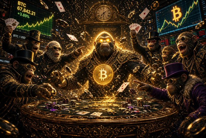 A group of ornately dressed monkeys and apes gather around a glowing golden Bitcoin at a lavish gambling table, with a "BTC 67,842.21 +3.89%" ticker and Bitcoin price charts displayed in the background—visually embodying the post's call to "risk it for the biscuit" and go all-in on Bitcoin before the year's end.