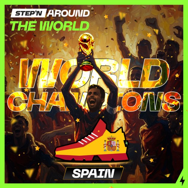 A promotional graphic for 'STEP'N AROUND THE WORLD - WORLD CHAMPIONS' featuring a stylized illustration of a soccer player holding a trophy, with the Spanish flag colors and a sneaker representing SPAIN.