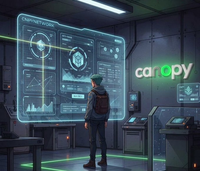 An illustration depicts a person with a backpack standing in a high-tech room, looking at a massive, glowing holographic interface labeled "CNPYNETWORK" with various charts and a "BUY/SELL" button. A green neon "canopy" logo is displayed on the wall to the right.
