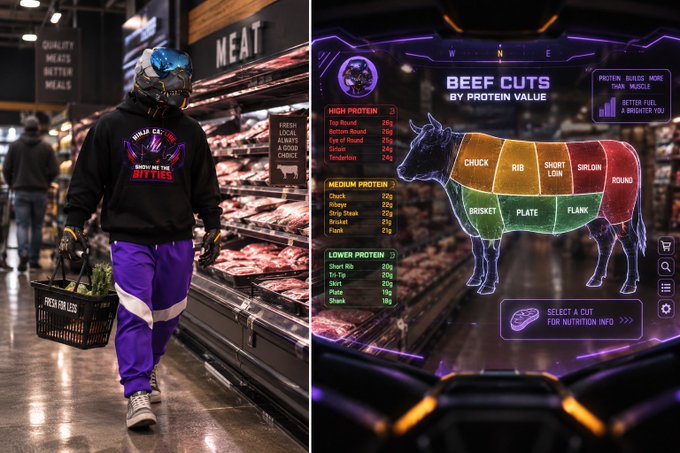 A split image showing a person in a black hoodie and purple pants carrying a 'FRESH FOR LESS' basket in a meat section, alongside a futuristic digital display titled 'BEEF CUTS BY PROTEIN VALUE'.