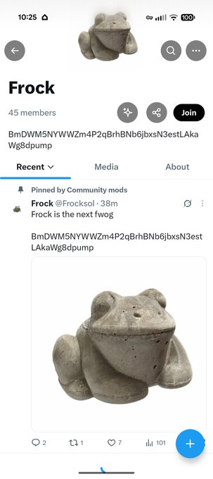 A screenshot of a Telegram channel called "Frock" (@Frocksol) with 45 members, displaying a pinned post that describes "Frock" as "the next fwog" and includes a meme address. The image humorously illustrates the poster's lament about their random project (Frock) being co-opted into a meme coin community, capturing the bittersweet moment of watching an obscure creation gain unexpected attention.