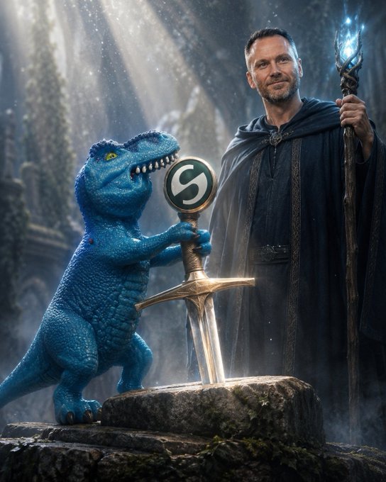 A fantasy scene shows a man in a wizard robe holding a staff with a blue flame, standing next to a blue dinosaur holding a sword with an 'S' logo emblem, with light streaming down from above.