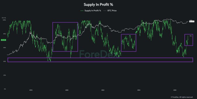 A financial chart titled 'Supply In Profit %' displays the percentage (green line) against BTC Price (white line) over several years, with several zones highlighted in purple boxes and a 'ForeDex' watermark.
