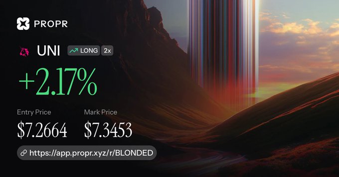 A graphic showing financial data for PROPR and UNI tokens with a +2.17% gain, displaying an Entry Price of $7.2664 and Mark Price of $7.3453, with the URL 'https://app.propr.xyz/r/BLONDED' at the bottom.