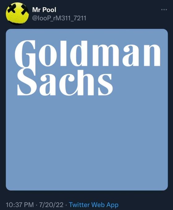 A tweet from "Mr Pool" (@looP_rM311_7211) displays a blue graphic with "Goldman Sachs" written in white text. The post reads, "The accuracy of riddlers should scare you," implying the image represents the answer to a riddle about Goldman Sachs.
