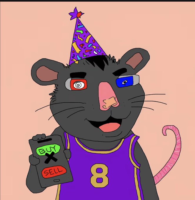 An anthropomorphic gray mouse wearing a purple "#8" jersey and a confetti-covered party hat holds a smartphone displaying "BUY" (green), "SELL" (red), and a large black "X," fitting the "mOrE aRt @hrdumpsterclub" vibe with its quirky, chaotic celebration of digital-age trading culture.