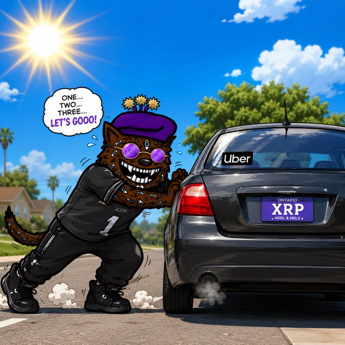 A cartoon hyena character pushing a black Uber car with license plate 'XRP' and 'ONTARIO', saying 'ONE... TWO... THREE... LET'S GOOO!' in a speech bubble.