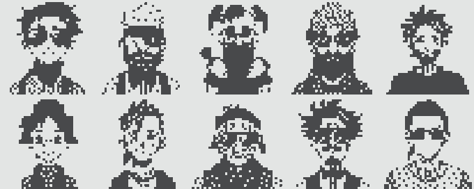 A collection of 10 pixel art character portraits arranged in two rows, appearing to be NFT-style avatars in black and white silhouettes.