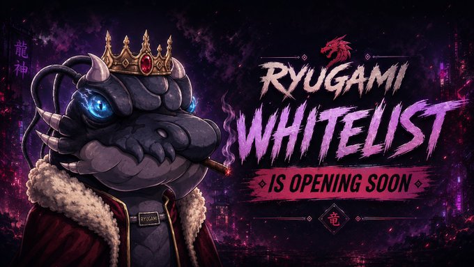 Promotional artwork for 'Ryugami' featuring a crowned dragon character, with text 'WL WHITELIST IS OPENING SOON'.