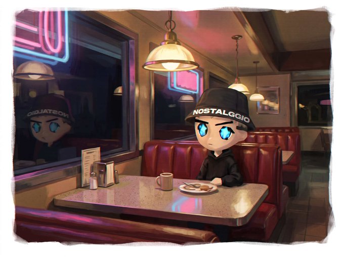 An anime-style character wearing a black bucket hat with 'NOSTALGGIO' written on it sits alone in a red booth at a retro diner, looking pensive in front of a meal and coffee.