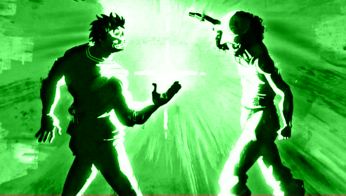 A green-tinted, stylized illustration depicting two silhouetted figures in a standoff, with one pointing a gun at the other against a bright background.